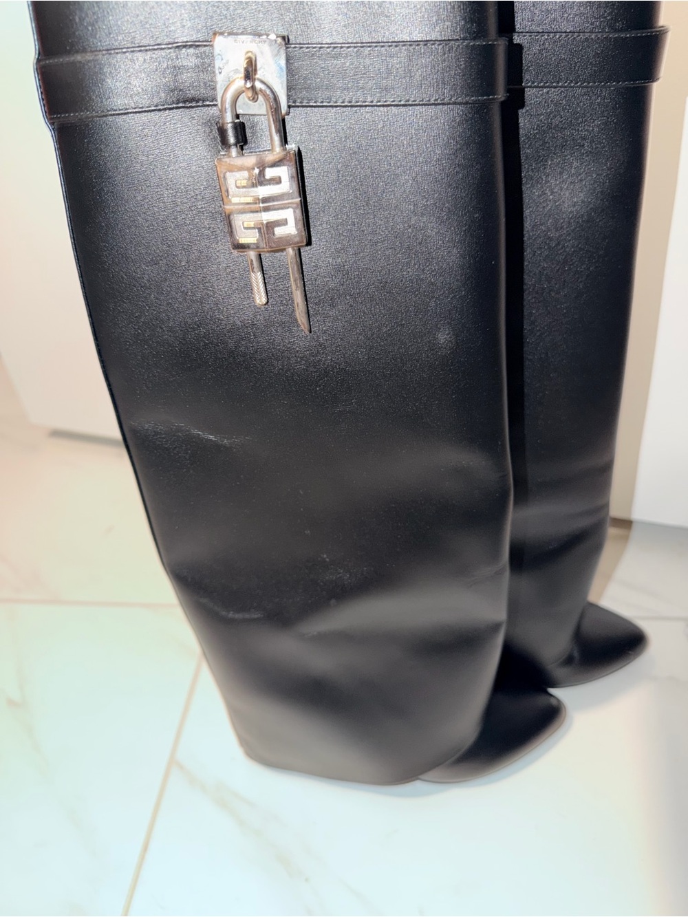 Givenchy Black Wedge Knee Boots with Padlock Accent - Picture 7 of 8